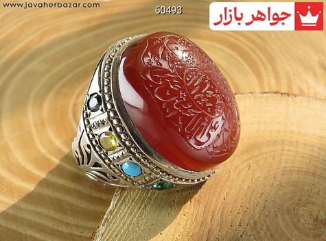 انگشتر نقره عقیق یمن درشت مخراج کاری یاقوت فیروزه زمرد مردانه دست ساز [صلوات امام حسین] - 60493
